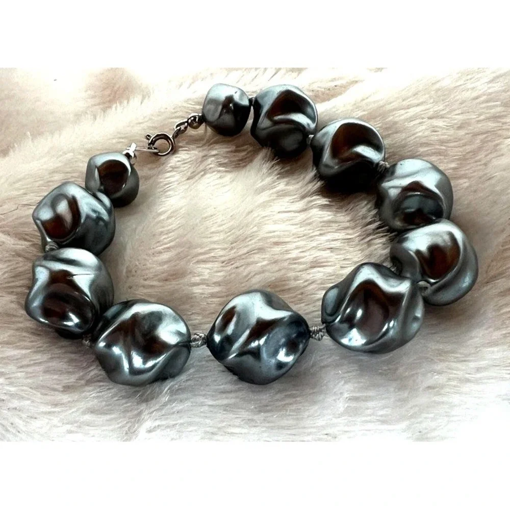Vintage Bracelet Signed Trifari Silver Tone Sculptural Beaded Chunky‎ Modernist